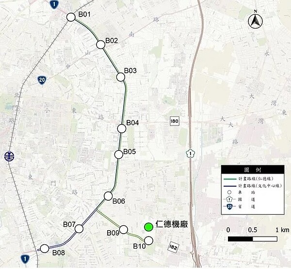 台南捷運第一期藍線路線從原本11站又減為10站。圖／台南市捷運工程處提供
