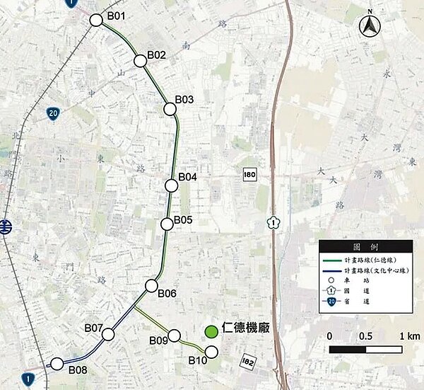 台南捷運第一期藍線路線示意圖。(交通局提供/洪榮志台南傳真)