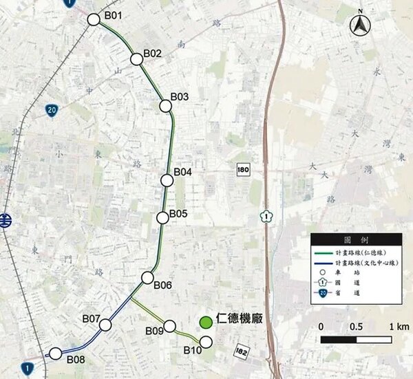 台南捷運第一期藍線路線示意圖。（交通局提供／洪榮志台南傳真）