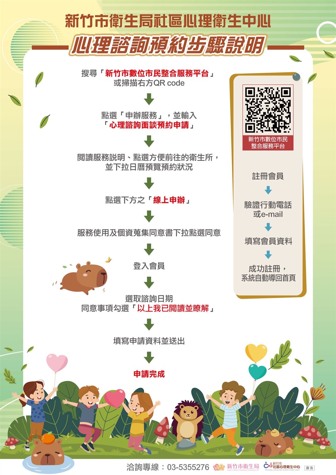 竹市續推「年輕族群心理健康支持方案」,線上心理諮詢流程圖。圖/新竹市府提供