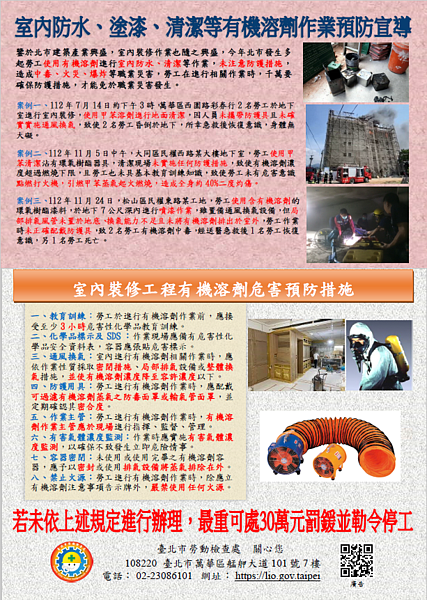 室內防水、塗漆、清潔等有機溶劑作業預防宣導圖／勞動局提供