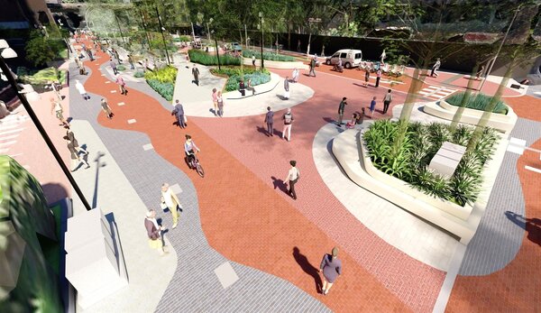 瑠公綠廊人行環境改造計畫將道路整合，打造以人為本的步行廣場。圖／北市府提供