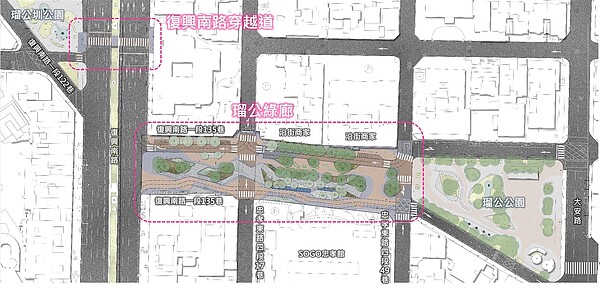 瑠公綠廊人行環境改造工程範圍圖。圖／北市府提供