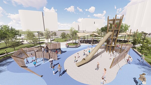 梧棲漁寮運動公園共融遊戲場開工典禮完工模擬圖。圖/台中市建設局提供