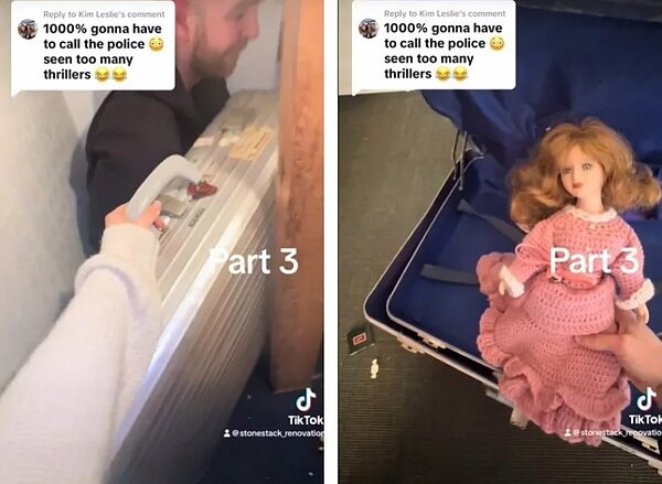 夫妻倆在密室找到的行李箱裝著一個詭異的娃娃。圖／擷自TikTok
