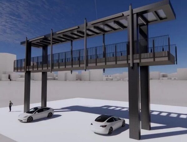 新竹市都市更新審議大會日前通過關埔地區新增2件民間公益捐建空橋案,包括從迪卡儂至雲智匯、權峰至鴻川谷商場的兩座人行空橋。圖為模擬圖。圖/竹市府提供