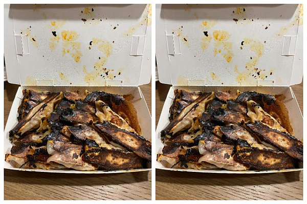 網友於八方雲集購買到燒焦的鍋貼,發文表示「要確定不會致癌餒」。圖/擷取自爆料公社二社