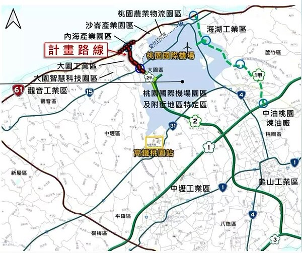 國道2號甲線延伸案路線行經桃園市大園區(圳頭里、內海里與埔心里),主線長度2.5公里,銜接優先段、台15線、台61線。圖/截自環評書件