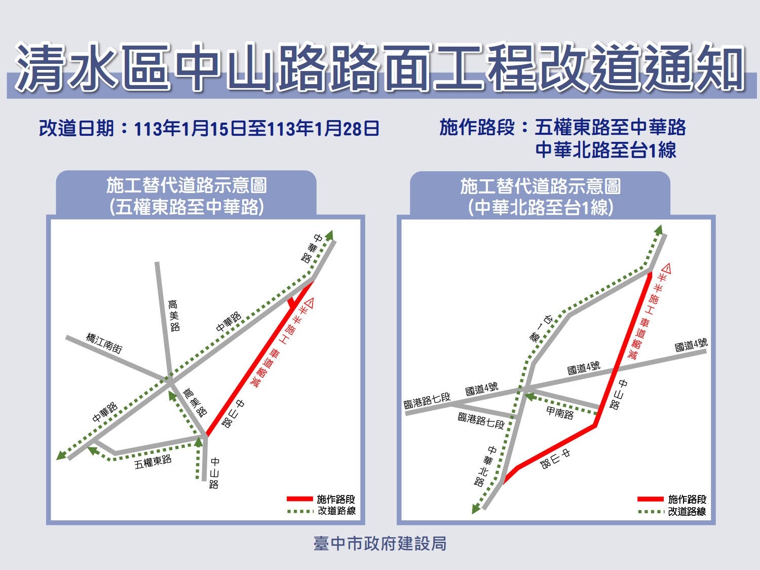 清水區中山路工程改道通知。圖／台中市府提供