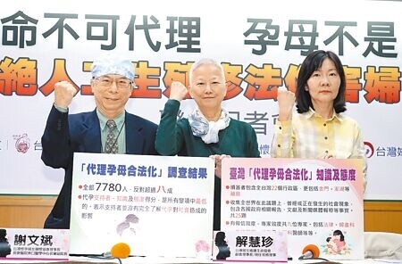 
台灣全國媽媽護家護兒聯盟、台灣懷孕婦女關懷協會、台灣婦女維護生命協會22日舉行「生命不可代理，孕母不是工具，拒絕人工生殖修法傷害婦幼權益」記者會，呼籲應暫緩代孕修法。（劉宗龍攝）
