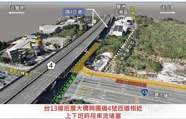 為解決后豐大橋與國4匝道車流堵塞問題，后豐大橋下游側引道將銜接堤南路，預計可省下15分鐘車程。圖／立法委員楊瓊瓔提供
