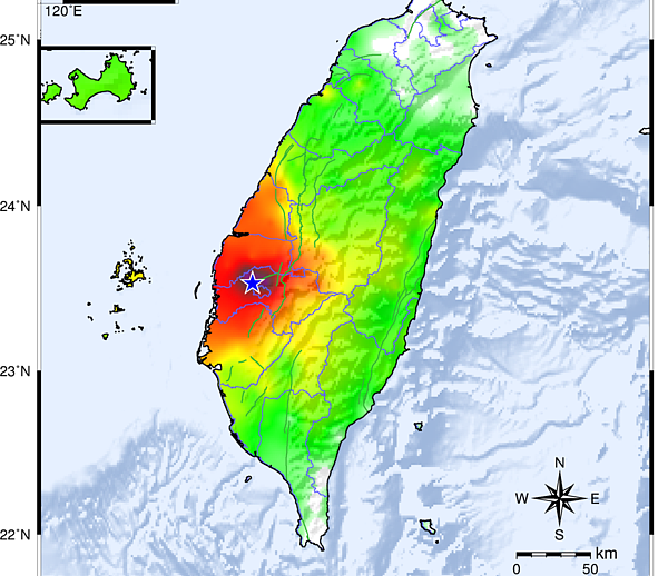 2023年9月5日17時30分嘉義新港發生極淺層的芮氏規模5.5地震。圖／翻攝自中央氣象局