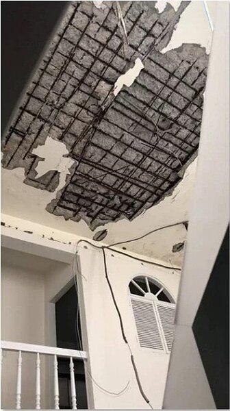 新北市板橋區中山路2段附近的富豪社區,基地規模1045坪、現為5層建物、住戶68戶,但30年老海砂屋室內水泥塊剝落有安全疑慮。圖/新北市都更處提供