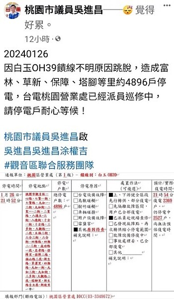 吳進昌議員在停電的時候透過常用的網路平台通知鄉親最新搶修進度。圖／桃園市議員吳進昌臉書
