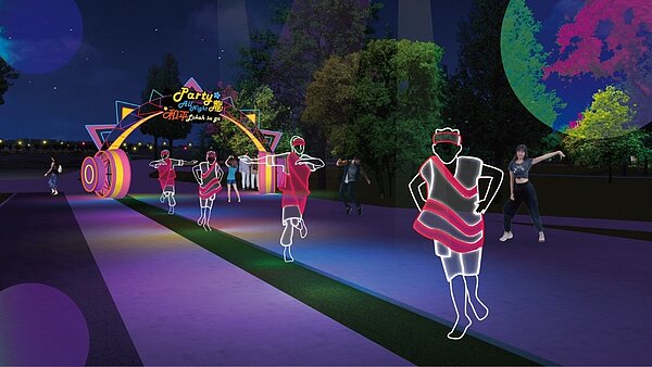 巨無霸派對耳機,結合龍脊意象、泰雅族舞群燈組,展現和平區活力。