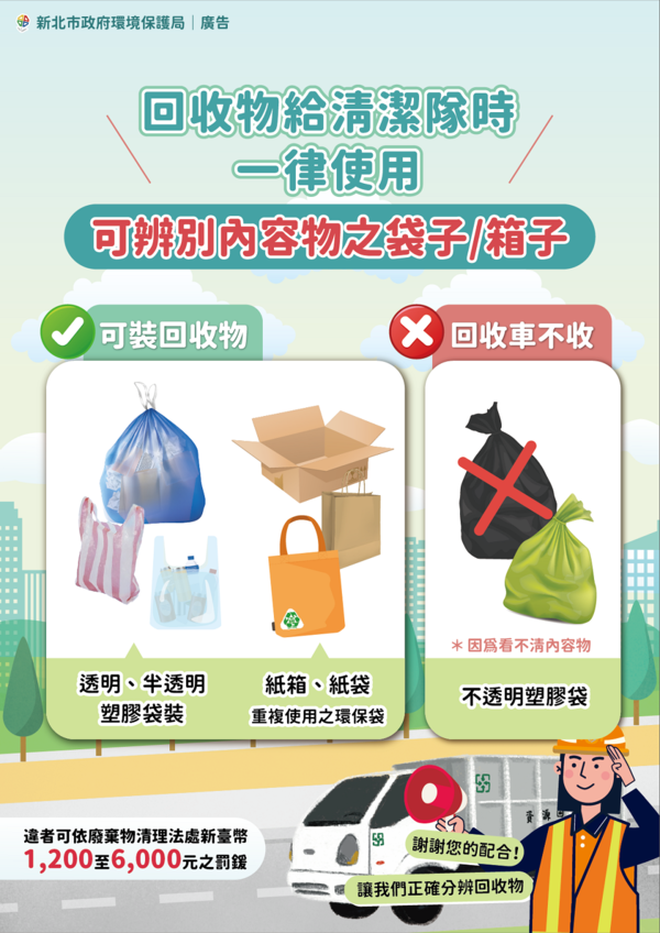 新北市環保局公告如以塑膠袋盛裝回收物，其外觀須為可辨明內容物之透明或半透明材質。圖／新北市政府提供