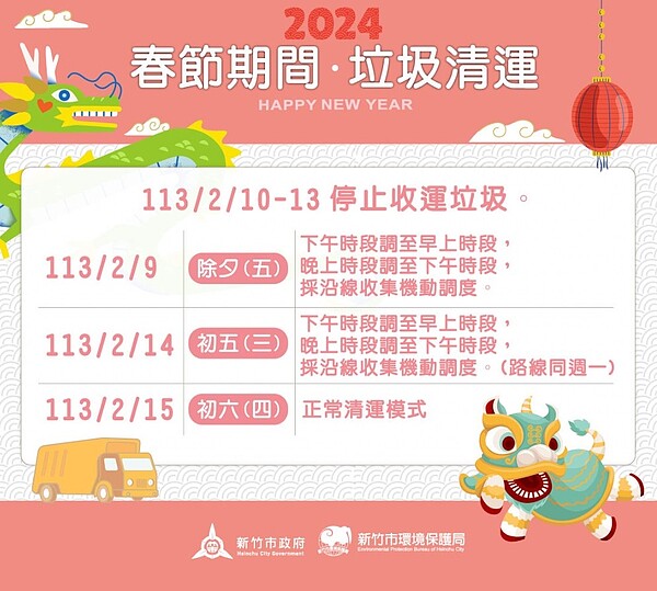 竹市2月8日至2月15日垃圾清運時間。圖／新竹市政府提供