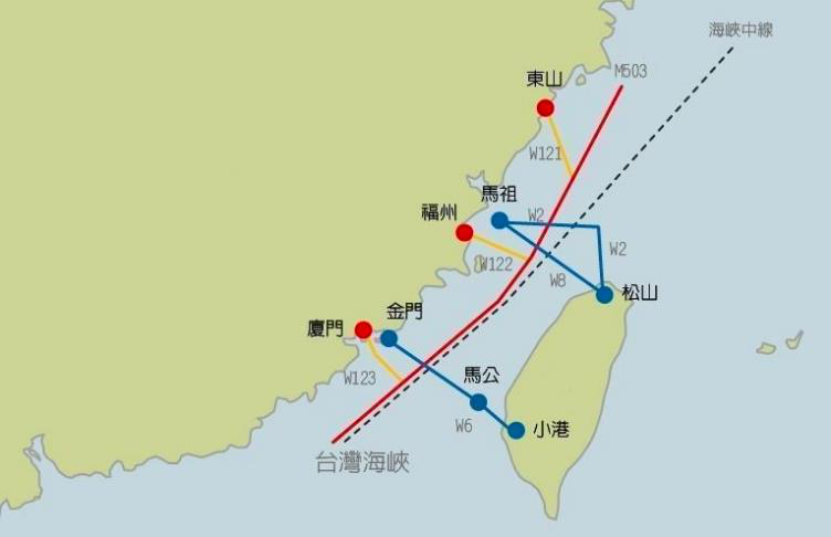 M503航線及銜接的3W航路示意圖，由於M503航線接近台灣海峽中線，過去就曾引發兩岸角力。圖／聯合報系資料照片