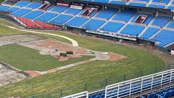 樂天桃園棒球場開始進行「草皮回鋪作業」。圖／體育局提供	