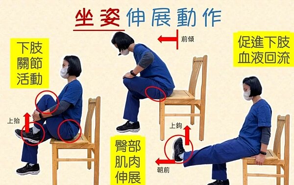 為防「經濟艙症候群」,台中慈濟復健醫學部物理治療師林秀玲提供「坐姿伸展動作」,供民眾使用。圖/台中慈濟醫院提供