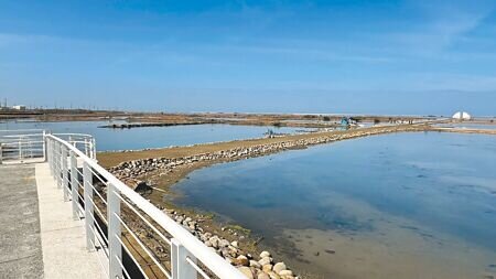 台南市政府在將軍區扇形鹽田設置大型裝置藝術《生命之樹》和扇鹽地景園區,同時也修復扇骨中軸線道路,串連扇鹽地景園區與《生命之樹》。(張毓翎攝)