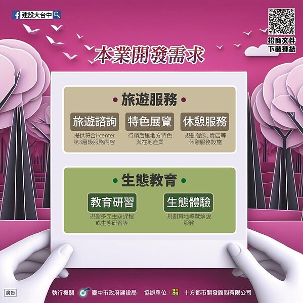 后里森林公園將透過「BOT」民間參與方式引進資源與創意，增加園區多元休憩服務機能。圖／中市府提供