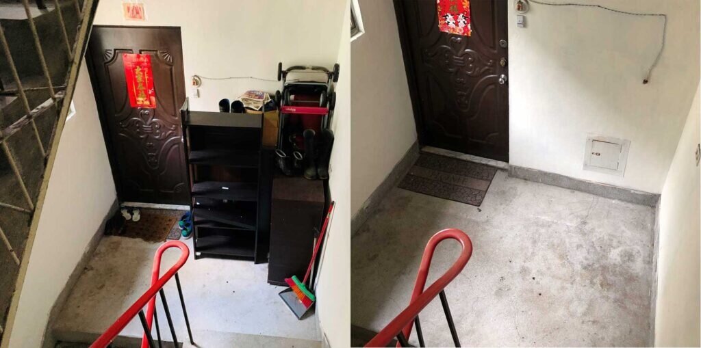 自家門口、樓梯間等公共空間,放置私人雜物、運具等,恐妨礙住戶正常出入且吃上20萬元罰單,改善前後比照圖。(圖/台北市建管處提供)
