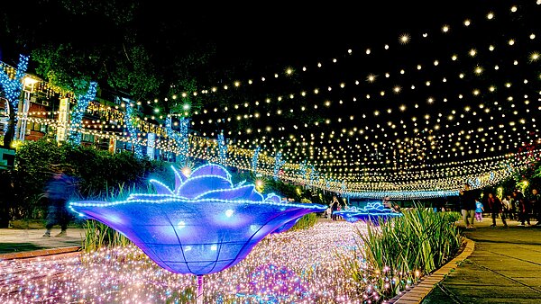 玫瑰花燈打造的愛情海,如同愛情在花香中亮麗綻放。圖/新北市水利局提供