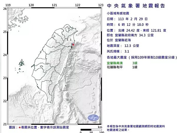 小區域有感地震報告。圖／取自中央氣象署網站
