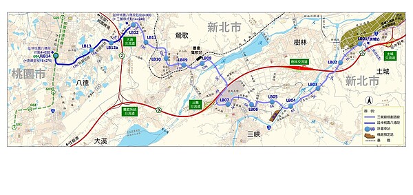 捷運三鶯線延伸桃園八德段路線圖。圖／新北交通局提供