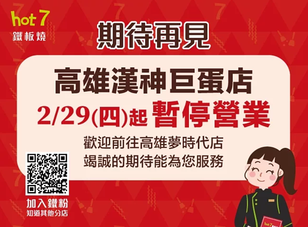 「Hot 7 高雄漢神巨蛋店」因租約到期,自2月29日起已經結束營業。圖/擷取自官網