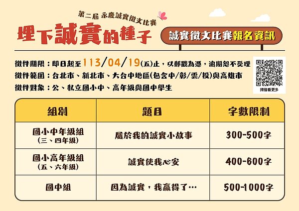 《埋下誠實的種子》第二屆永慶誠實徵文比賽辦法。圖/永慶房產集團提供
