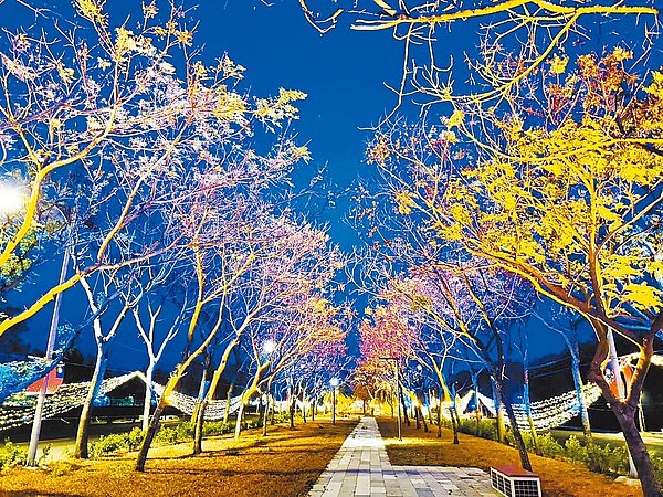 雲林高鐵站外的斗六聯絡道中央分隔島形成1.5公里長之「高鐵綠園道」,圖為綠園道上的夜間光環境。圖/雲林縣政府交通工務局提供