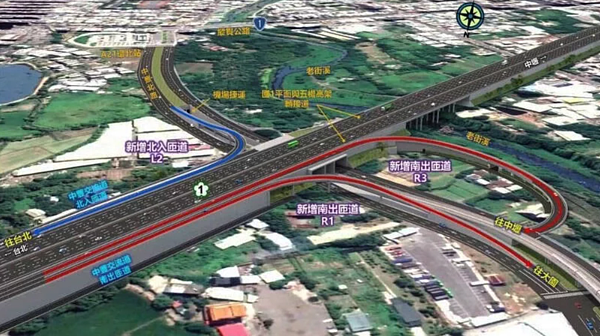 國道一號中豐交流道興建中,地方憂心交流道迴轉處恐大回堵。桃園市交通局表示,將於交流道附近路口做好時制計畫,並設計左轉專用道紓解車流。圖/桃園市交通局提供