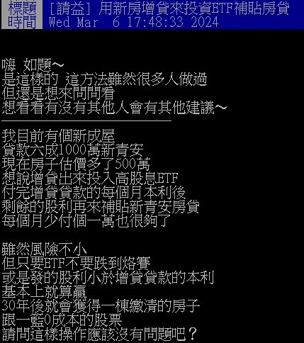 但也有網友提出質疑，若ETF股價暴跌原Po是否能承擔，原Po表示：「基本上只要給的利息大於本利，跌爛我也無所謂，本來就0成本。」此話一出有其他網友反駁，若ETF股價下跌，就算都能保持一樣的殖利率，配息還是會變少，可能會沒有辦法負擔增貸所需繳的本利，並提醒原Po需要審慎檢視過自己的現金流狀況再去做決定。」
