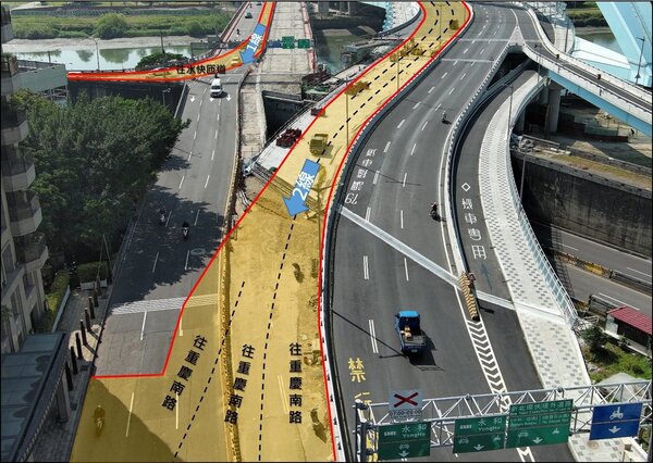 中正橋第2-1階段新北往台北改道開放行駛動線（台北端）。圖／台北市工務局提供
