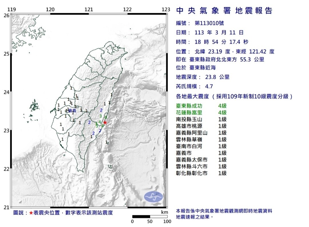 地牛翻身！11日晚間台東縣近海芮氏規模4.7地震。圖／中央氣象署