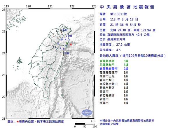 13日晚間9時36分台灣發生芮氏規模4.5的有感地震。圖／氣象署