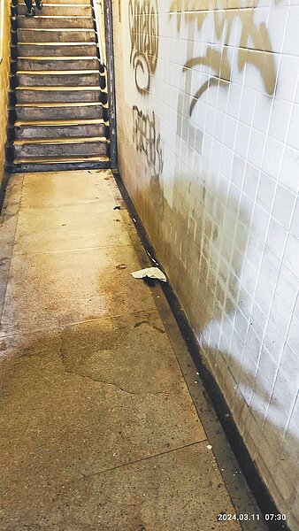 永和文化路人行地下道近日常被缺乏公德心的民眾亂丟垃圾,牆壁還出現塗鴉痕跡、燈光昏暗、地面常積水,極不利行走。圖/民眾提供
