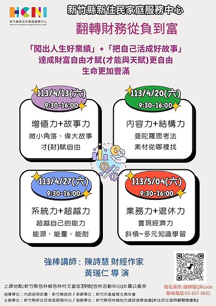 為幫助新住民翻轉財務，新竹縣政府將於4／13、4／20、4／27及5／4四天在芎林活動中心辦理理財課程。圖／新竹縣政府社會處提供