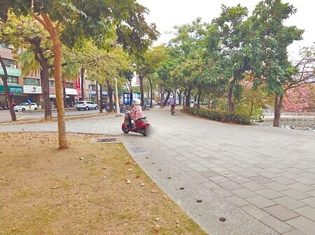 
高雄綠園道本該是給行人散步休憩的好地方，但卻經常有機車在綠園道的人行步道上亂竄，險象環生。（任義宇攝）
