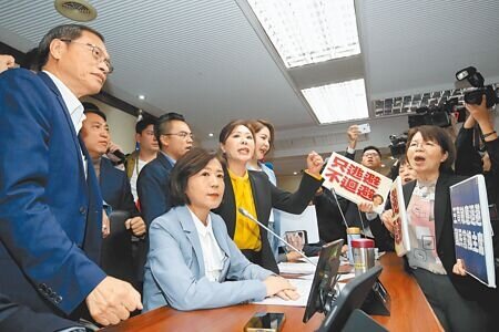 立法院18日邀請衛福部等單位就「社會安全網推動情形及策進作為」專題報告,會議一開始,藍、綠立委發生爭執,民進黨立委舉標語抗議,要求國民黨召委王育敏(前左二)利益迴避、另推派主席;而國民黨立委則上台聲援。(劉宗龍攝)