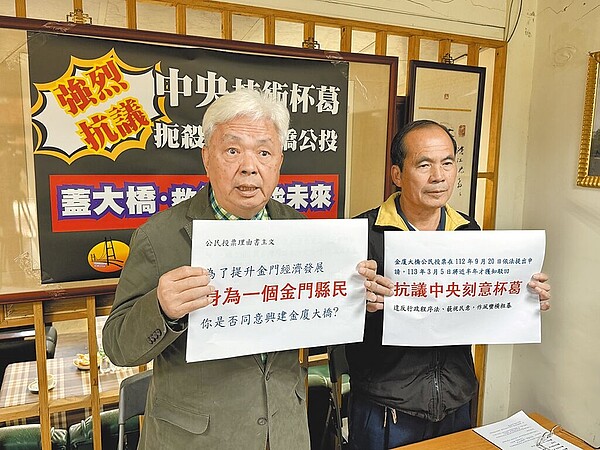 金廈大橋建設促進會理事長陳滄江(左)偕同該會常務理事林金量(右),19日抗議中央蓄意杯葛「興建金廈大橋」公投案。圖/中國時報記者于家麒攝影