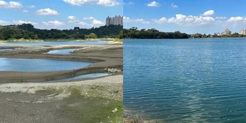 入冬枯水期，首見蘭潭近滿水位(右)仁義潭快見底(左)的反差現象。記者魯永明／攝影 