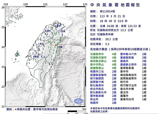 中央氣象署發布第014號顯著有感地震報告。圖／取自中央氣象署官網
