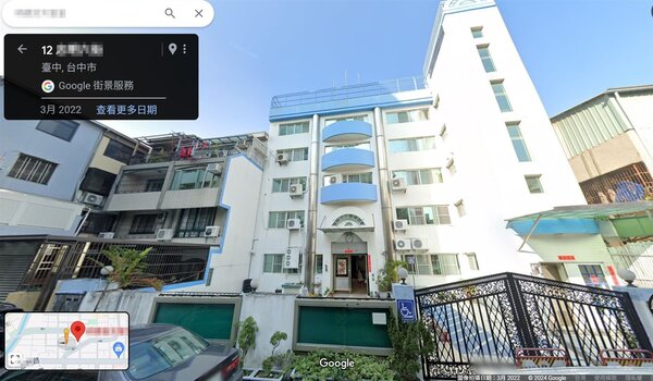 兒福聯盟近期砸9800萬元，在台中市北區購入這棟白牆、藍色陽台的幼兒園房產。圖／翻攝自Google 地圖