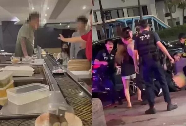 台北市一家迴轉壽司連鎖店13日凌晨發生客人衝突事件,其中一方客人不滿被瞪,怒罵對方「你看起來就像茶碗蒸」,在店外大打出手,警力趕抵制止。圖/取自「爆廢公社二館」臉書社團
