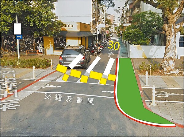 台北市交通局將在大安區大學里試辦「交通友善區」,入口處將設置牌面讓駕駛人知道將進入交通友善區,行穿線也會以彩色標記,提醒用路人注意斑馬線。(台北市交工處提供/劉彥宜台北傳真)