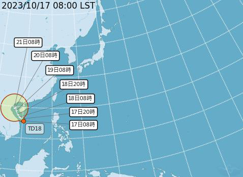 中央氣象署指出，台灣西南方海域生成熱帶低壓TD18，預估18日有機會增強為今年第16號颱風「三巴」。圖／中央氣象署提供