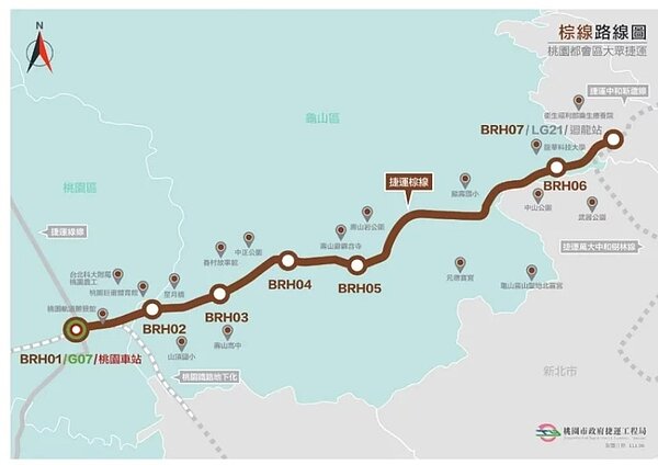 交通部今天審查桃園捷運棕線綜合規畫報告,要求再強化財力評估說明,圖為棕線路線圖。圖/桃園市政府捷運工程局提供